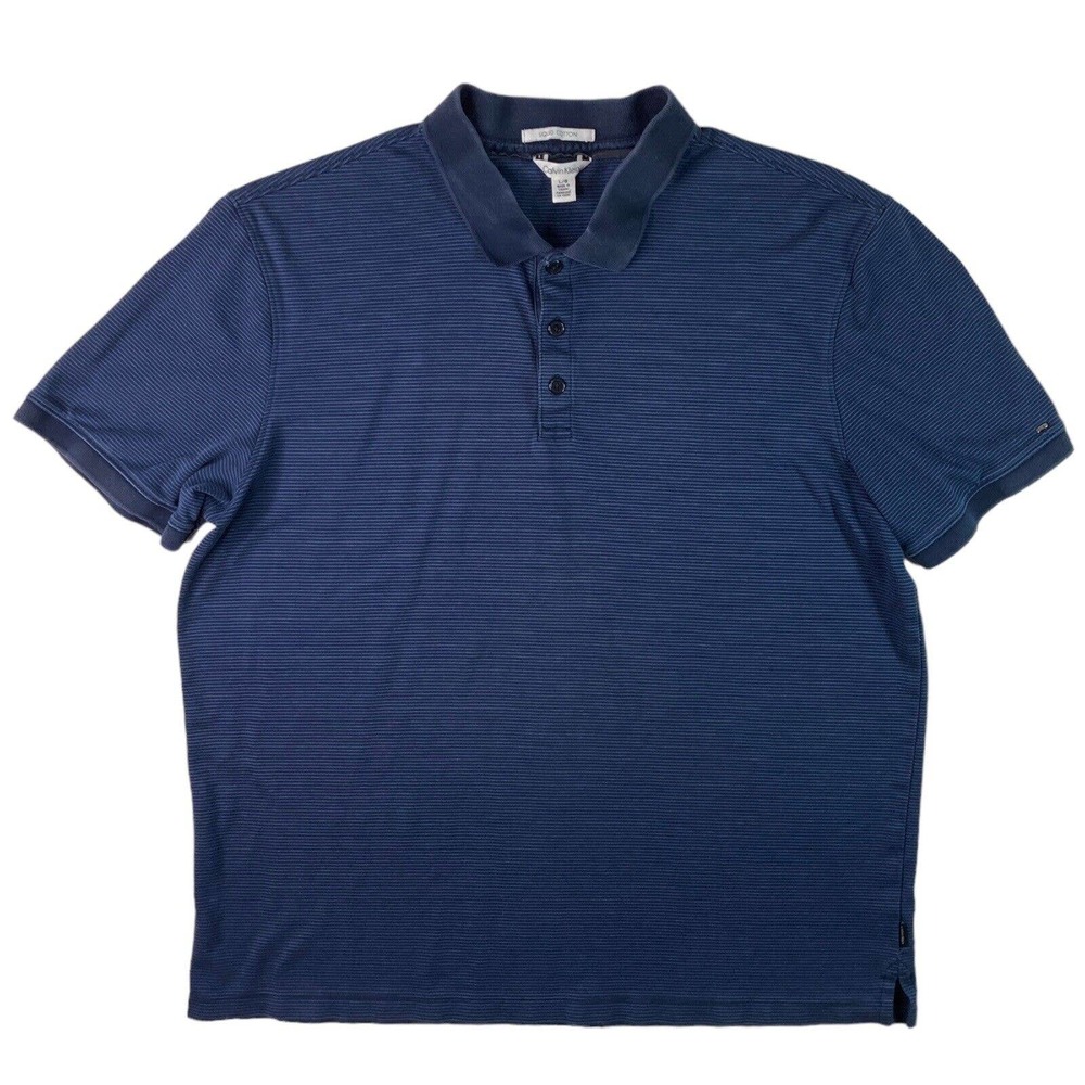 Calvin Klein Men's Large Polo Shirt Blue Striped Liquid Cotton Short Sleeve Soft